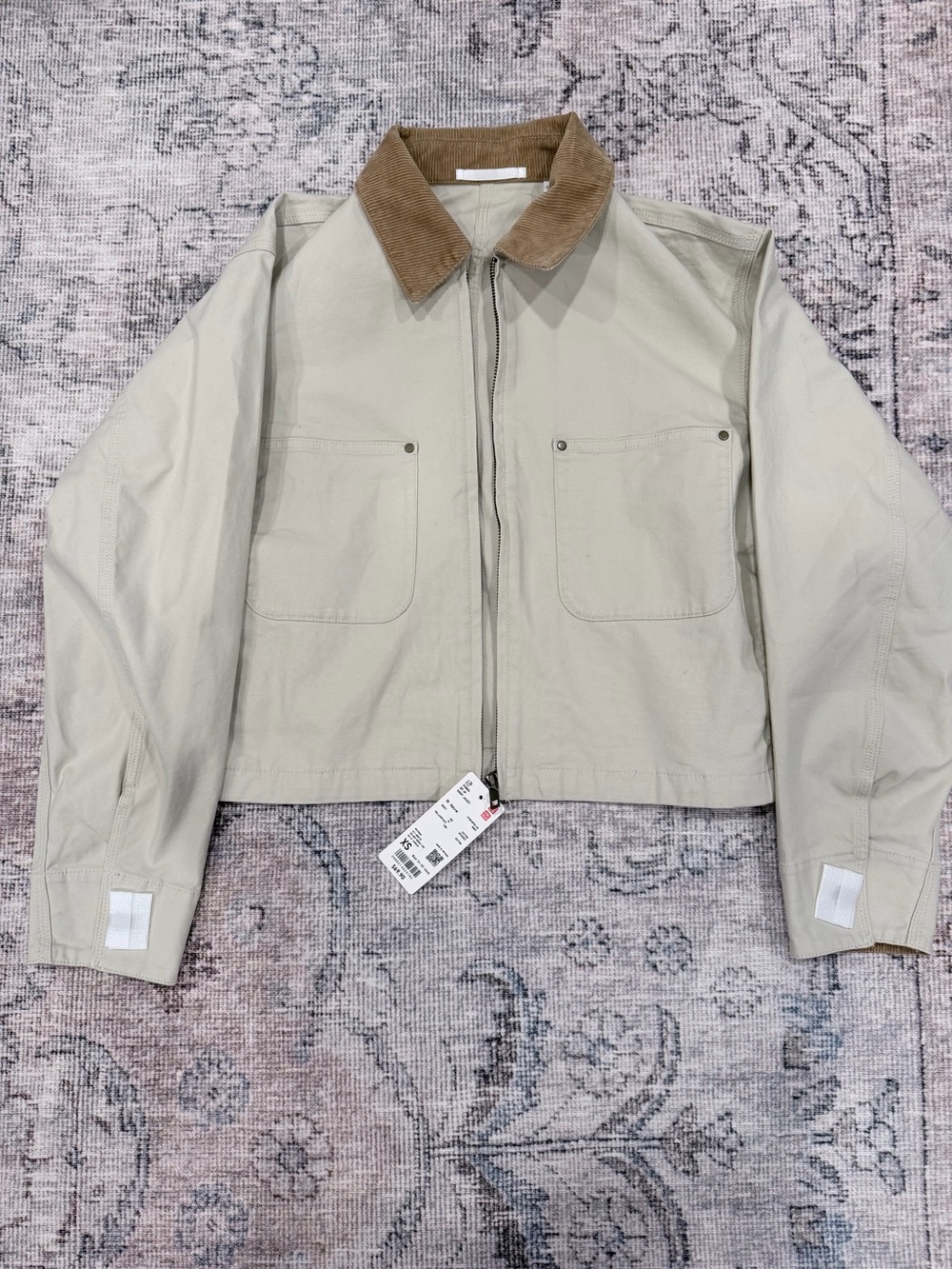 Uniqlo Light Gray Utility Jacket with Brown Corduroy Collar